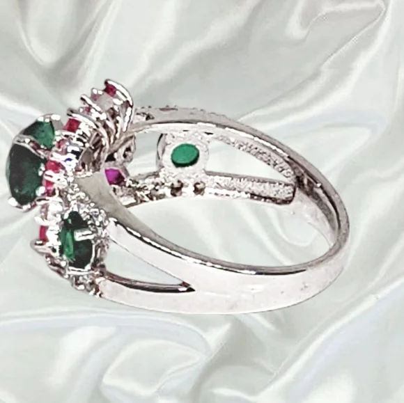 Sterling Silver Ring with Faux Emeralds & Rubies Ring